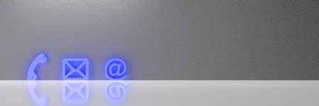 Blue Popular Contact Web Icons On Desk Over The Reflective Desk Against Gray Wall. 3D renderingの写真素材