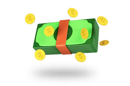 Bundles cash and floating coins around on white background. 3d renderの写真素材