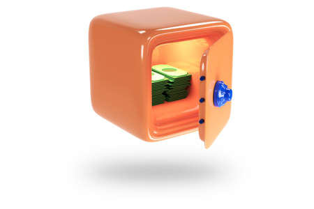 Safe with money and dollars. Icons of safe for bank. Vault with lock. Protection, security concept. 3D renderの写真素材