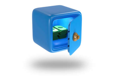 Blue safe with money and dollars. Icons of safe for bank. Vault with lock. Protection, security concept. 3D renderの写真素材