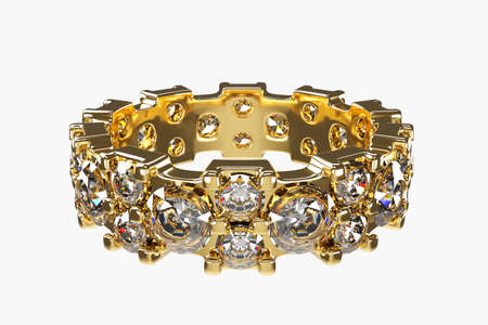 Gold diamond ring isolated on white background. Ring with heart and diamonds 3D renderの写真素材