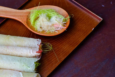 Thai cotton candy burrito pancake Name thai Roti Saimai Cotton candyの写真素材
