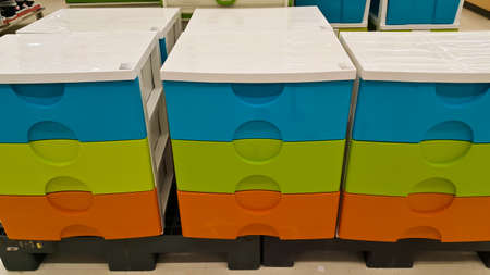 Plastic boxes stacked together in the marketの写真素材