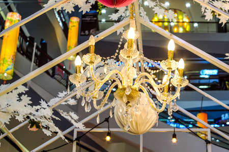 Luxury Crystal Chandelier. Close up on the crystal of a contemporary crystal decoration.の写真素材