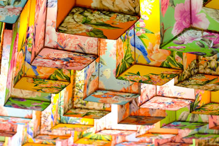 The multi-colored Chinese lanterns. Background of ancient eastern culture. Multiple colors and bright lights.の写真素材