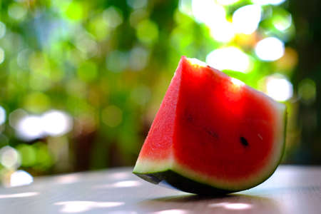 Big slice of juicy watermelon against natural green background in spring (Background with lights and bokeh)の写真素材
