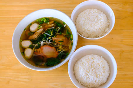 Ekaehla and rice set on the shiny wooden tableの写真素材