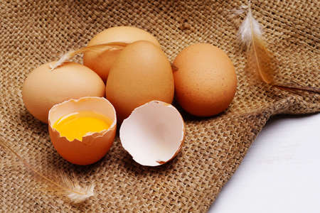brown chicken eggs in egg carton and egg yolk with chicken feather on hemp sack background. copy...