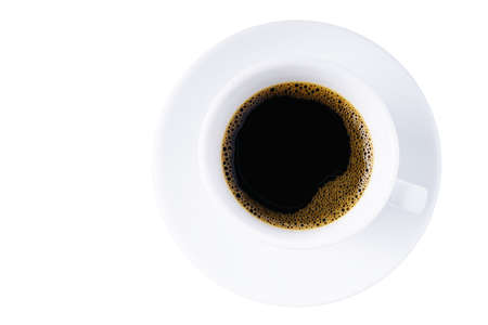 Top view White cup of black coffee isolated on white background   .の写真素材
