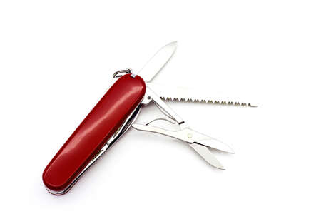 red coating multitool with saw and knife for military on white background. pair multi kit hardware...
