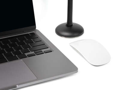 Isolated Laptop and mouse. Laptop, mouse and pen digital on white background.の写真素材