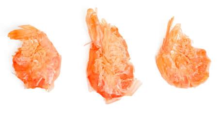 Isolated dried shrimp. Top view collection dry shrimps on white background.の写真素材