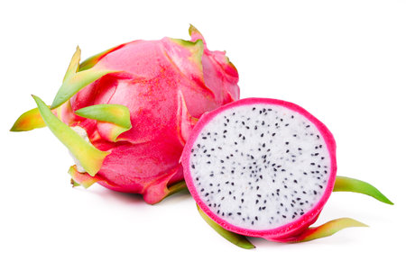 Isolated dragon fruit. Top view Dragon fruit with sliced Pitaya on white background. Tropical Fruits with clipping paths.の写真素材