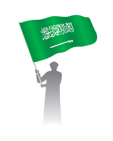 Young Man Holding Saudi Arabia Waving Flag, Vector Illustrationのイラスト素材