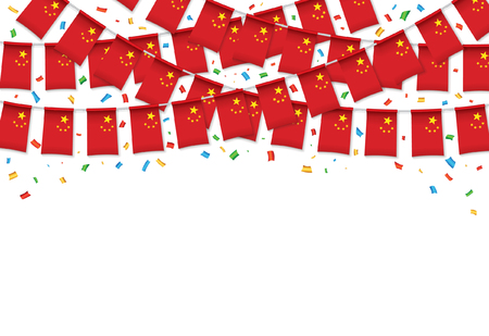 China flag garland white background with confetti, Hang bunting for Chinese Independence Day celebration template banner, Vector illustrationのイラスト素材