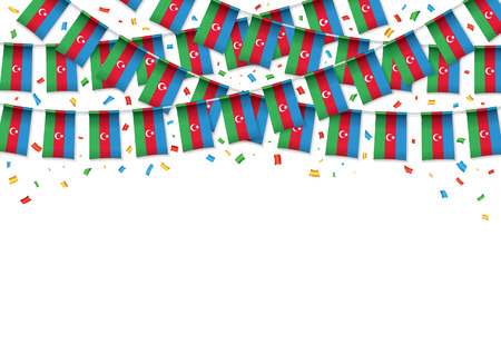 Azerbaijan flag garland white background with confetti, Hang bunting for Azerbaijani independence Day celebration template banner, Vector illustrationのイラスト素材