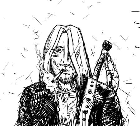 Black and White Drawing of Young Rock and Roll man in Black Jacketの写真素材