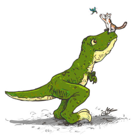 Drawing of a cat sitting on the T-Rex nose catches butterflyの写真素材