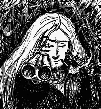 Guy with the sawed-off shotgun aiming and smokingのイラスト素材
