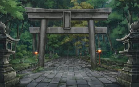 Torii forest - Rainy , Anime background , Illustration.の写真素材