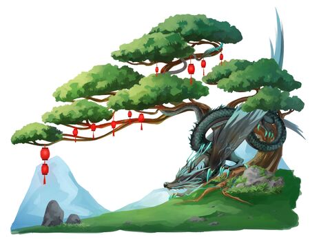 Forest and black dragon , Game background , painting.の写真素材