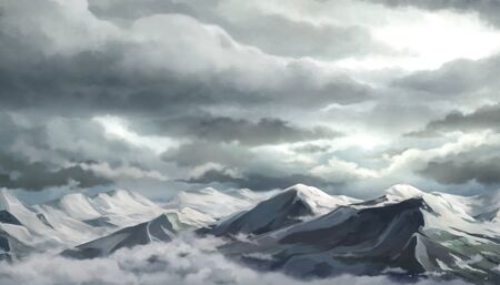 Cloudy sky and Snow mountain, Overcast sky - 2D painting background.の写真素材
