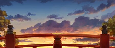 Japanese red bridge - Afternoon , Anime Background.の写真素材