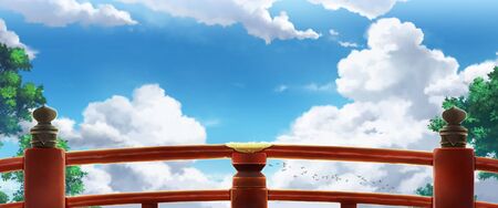 Japanese red bridge - Day , Anime Background.の写真素材