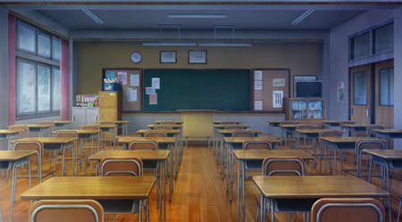 3D rendering of the empty school classroom with desks and chairs.の写真素材