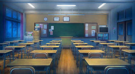 3D rendering of an empty school classroom with desks and chairs.の写真素材