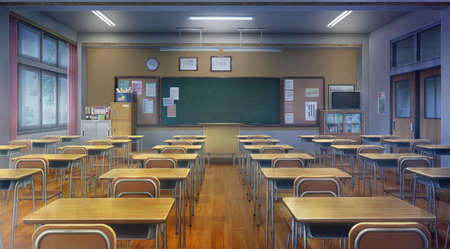 3D rendering of an empty classroom with desks and chairs in a schoolの写真素材