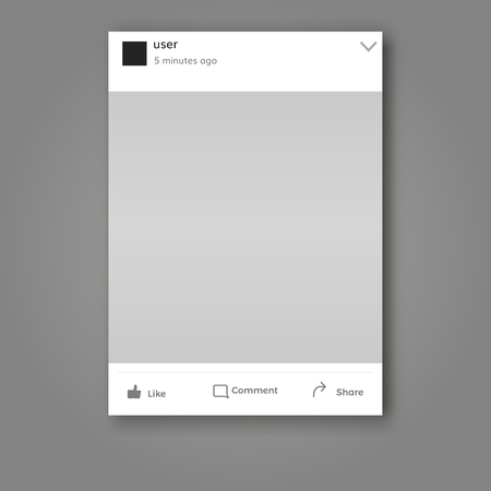 Social network post frame isolated with place for  text and photo and like comment and share symbols.のイラスト素材