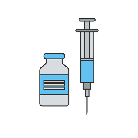 Icon plastic medical syringe with needle and vial in flat style.のイラスト素材