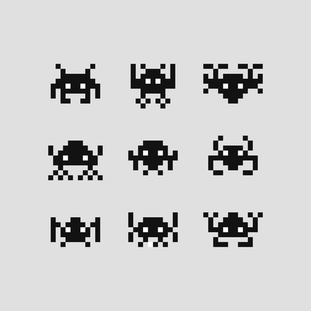 Space invaders bit game vector set pixel  robots.