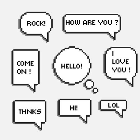 pixel 8 bit speech bubbles with words hi hello lol rock chat boxes retro  8-bitのイラスト素材