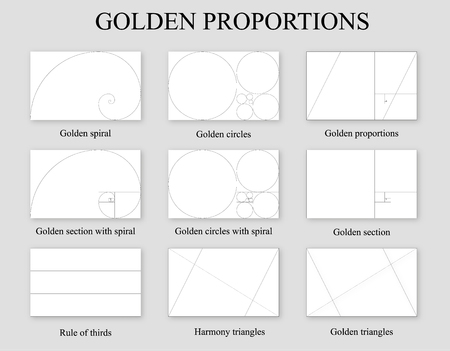 Golden proportions set . Golden section ration , rule of thirds and Fibonacci spiralのイラスト素材