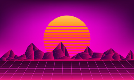 Retro neon sun background . Vector sunset  80s music poster