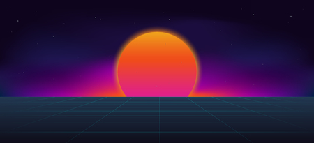 Cyberpunk neon sun background .  80s and 90s style illustration .のイラスト素材