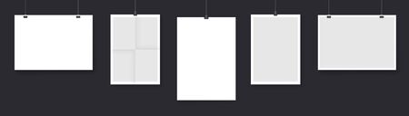 Collection of paper cards hanging on strings isolated on black background. Bundle of postcard, flyer or poster templates. Modern realistic vector illustration for advertisement.のイラスト素材