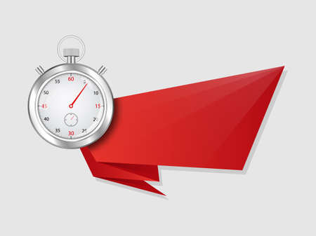 Stopwatch with banner. Red ribbon template with clock symbol for creative advertising decoration specials timer sale or emergency vector delivery form.のイラスト素材