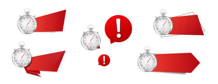 Stopwatch with red banner set. Ribbon template with clock an exclamation mark symbol for advertising...