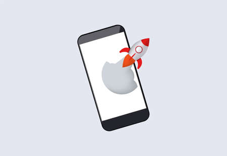 Acceleration of mobile application. Rocket launches from smartphone software enhancement for new tasks new web project takes off from marketing development innovative vector enhancement.のイラスト素材