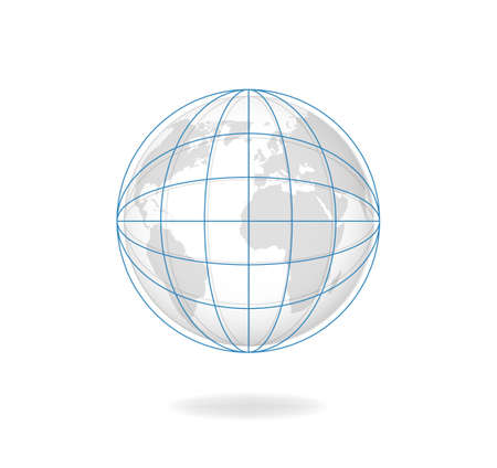Globe meredians vector. Planet covered with blue magnetic lines and curves grid of natural monochrome continents in space modern cartographic design of earth with satellites orbits.のイラスト素材
