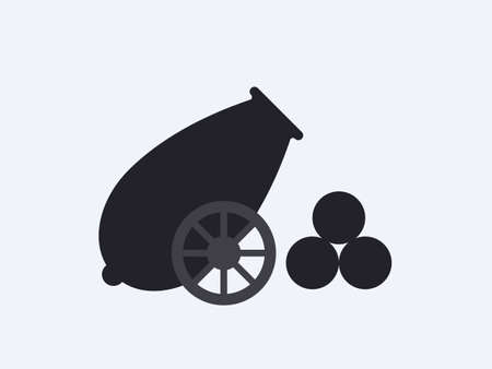 Fighting retro gun with cannonballs. Military black weapons of antiquity with muzzle loading old artillery model for fighting distance medieval historical battles and destruction vector castles.のイラスト素材