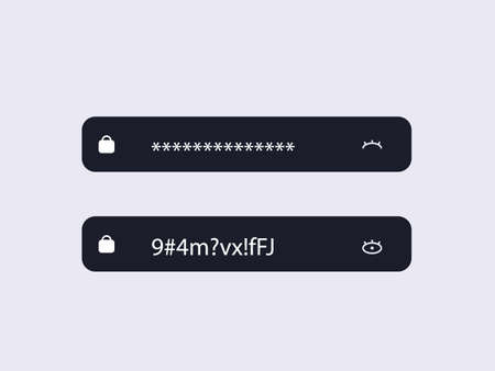 Hidden password and visible. Black frames with closed symbols with asterisks and eye and open with spelled font protecting personal data from hackers and vector strangers.のイラスト素材