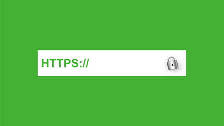 Secured https. Secure connection protocol with web certificate green letters on white panel stripe corporate information privacy line consulting blocking unwanted vector information.のイラスト素材
