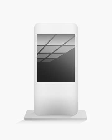 Mobile gadget on stand. Digital white device with dark lcd screen and reflections wireless smart technology with elegant vector design.のイラスト素材