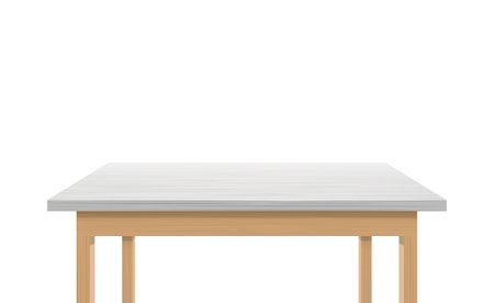 Wooden table with white surface close up. Contemporary writing table top with stylish plastic decor and trendy classic vector decoration.のイラスト素材