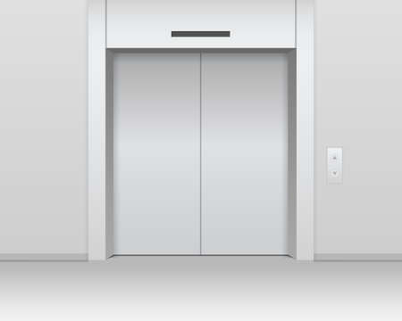 Modern elevator illustration. Closed steel silver doors with side call button elegant lifting equipment for business center and vector supermarket.のイラスト素材