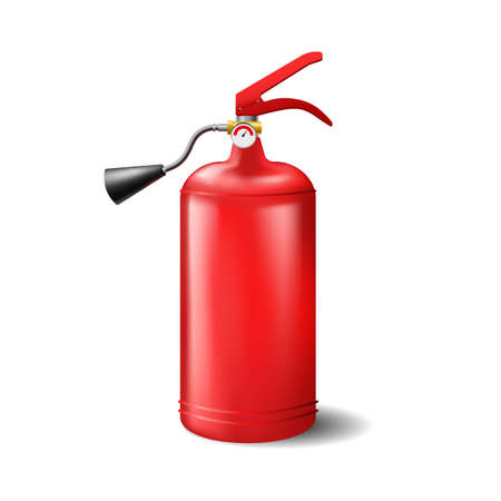 Red portable fire extinguisher template. Steel firefighting cylinder with black spray and pressure sensor fast extinguishing in case accidents and vector firesのイラスト素材
